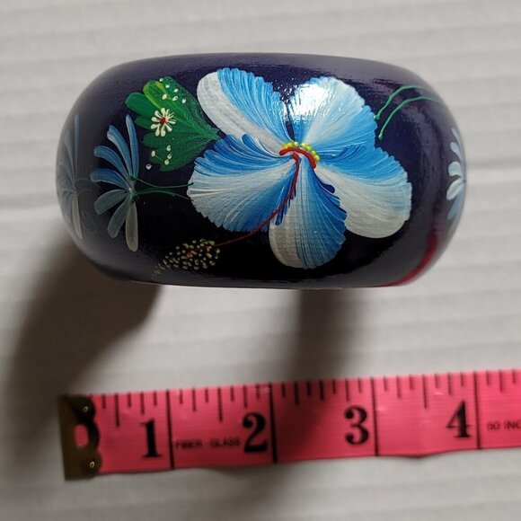 Blue flower bracelet wood cuff Hawaiian hand painted boho floral jewelry beach - Picture 10 of 10